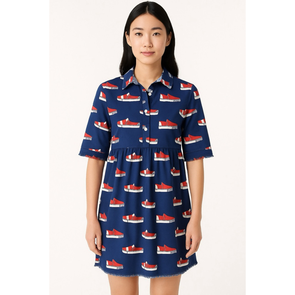 Dizzy Lizzie Red Sneaker Print Shirt Dress – Size M, 100% Cotton